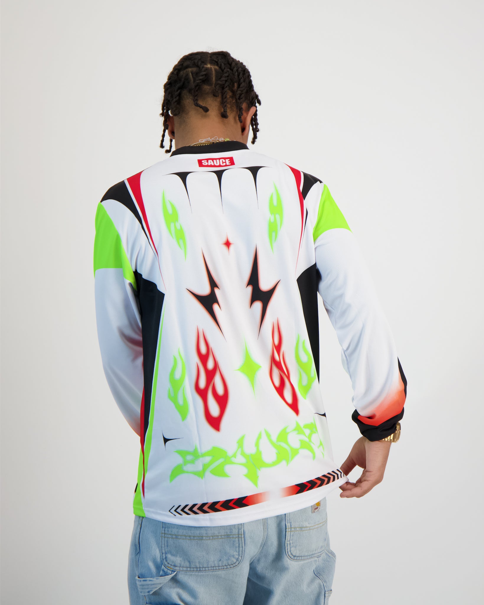 Sauce Model wearing a Longsleeve Shirt in Colour from the Back